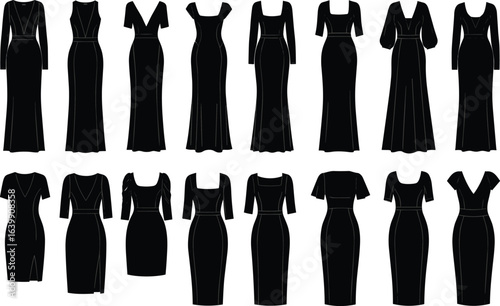 Black dress silhouette icon set, fashion cad drawing, vector illustration, various necklines, sleeve styles, skirt shapes, elegant outfits