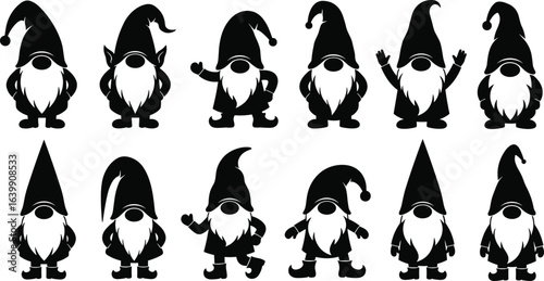 Gnome silhouette icon set, black fantasy character poses, whimsical dwarf vector pack, minimal hat and beard shapes, flat illustration