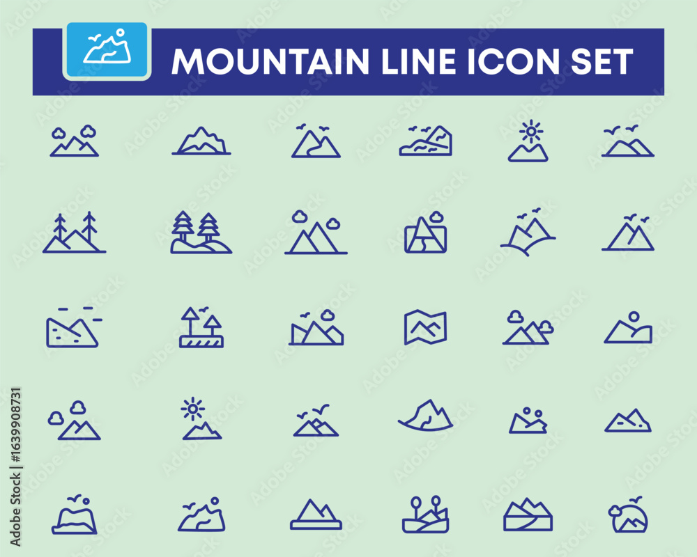 Fototapeta premium Mountain and Hiking vector icons set. Includes thin line hill, valley, forest, tree, climbing, high, landscape - scenery, climb, and more. Minimalist vector collections.