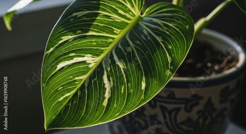 Close-up of striped green leaf, lit brightly, partially in decorative pot