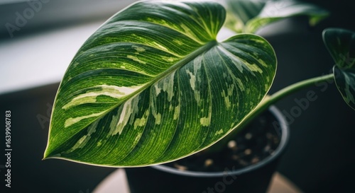 Close-up of a vibrant, variegated green leaf in a pot near a window
