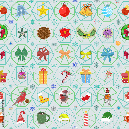 Charming Christmas Ornaments and Holiday Icons with Santa, Snowmen, Gifts, Candy, Gingerbread, and Winter Festive Pattern