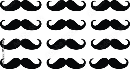 Mustache silhouette icon set, black curled mustache shapes, vintage facial hair vector pack, minimal grooming illustration, cad drawing flat design
