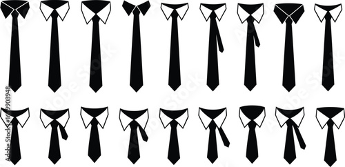 Necktie icon vector set, shirt collar silhouette collection, cad drawing flat vector illustration, tie knot styles, formal wear symbols
