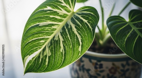 Close-up on green striped leaf in floral pot near window light