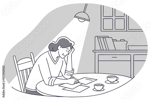 single parent in Illinois paying bills at kitchen table, stressed face, minimal evening light, emotional realism
