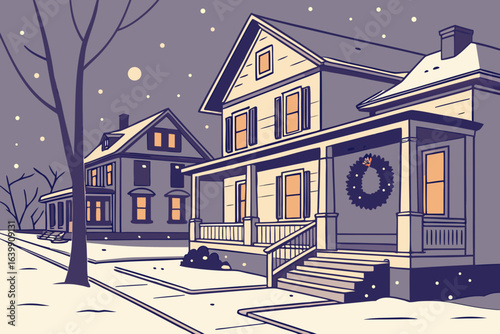 snow lightly falling over residential streets in kankakee illinois as holiday decorations light up front porches