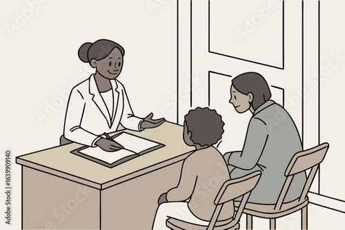 social worker in Illinois meeting with parents to explain child support obligations, neutral office setting