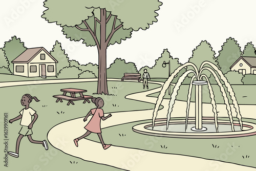 splash pad in a suburban park in deerfield illinois with kids running through water jets in summer heat