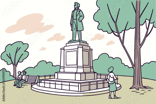 statue of Abraham Lincoln in a public park in lincoln illinois with families taking photos nearby