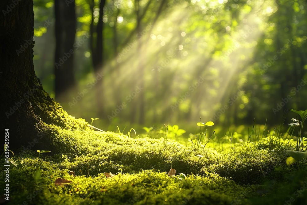Fototapeta premium serene meditation on a soft mossy patch with sunlight filtering through trees