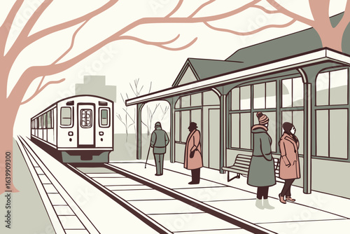 train arriving at the Metra station in winnetka illinois as commuters wait on a chilly morning
