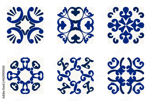 Elegant blue tile patterns with symmetrical floral and geometric motifs, inspired by Mediterranean and Moroccan designs. Perfect for backgrounds, prints, wallpapers, and surface decoration.

