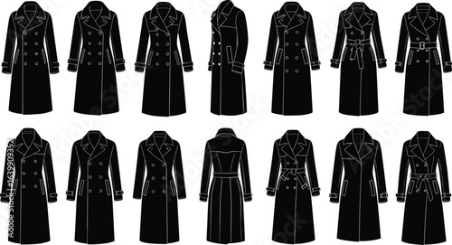 Trench coat silhouette icon set, black fashion cad drawing, vector illustration, front, side, back views, coat design variations