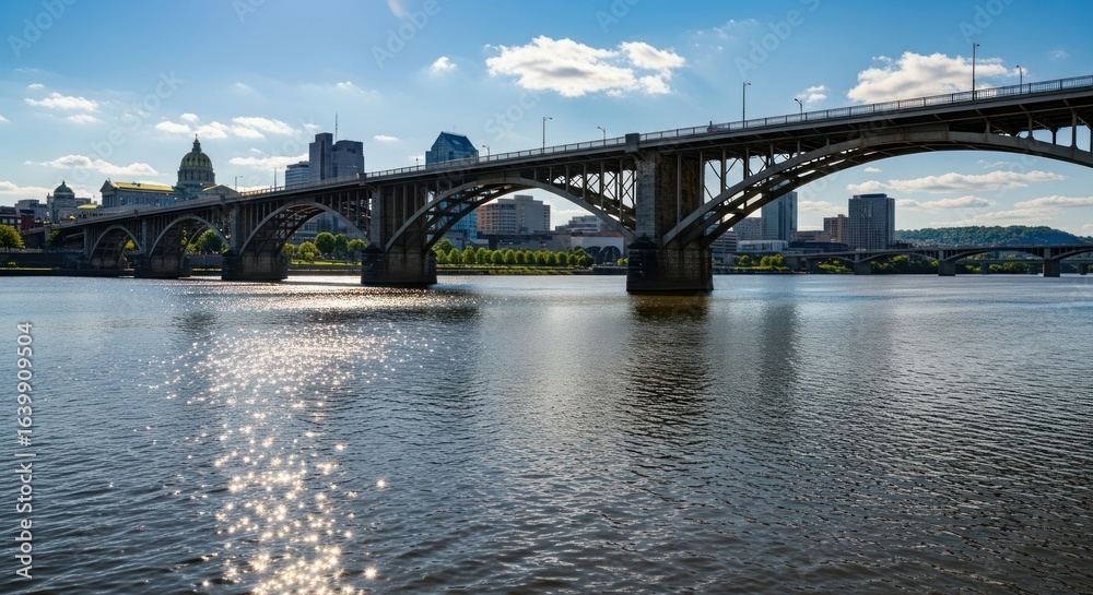 Naklejka premium Arched bridge spans calm water, cityscape in background under a blue sky