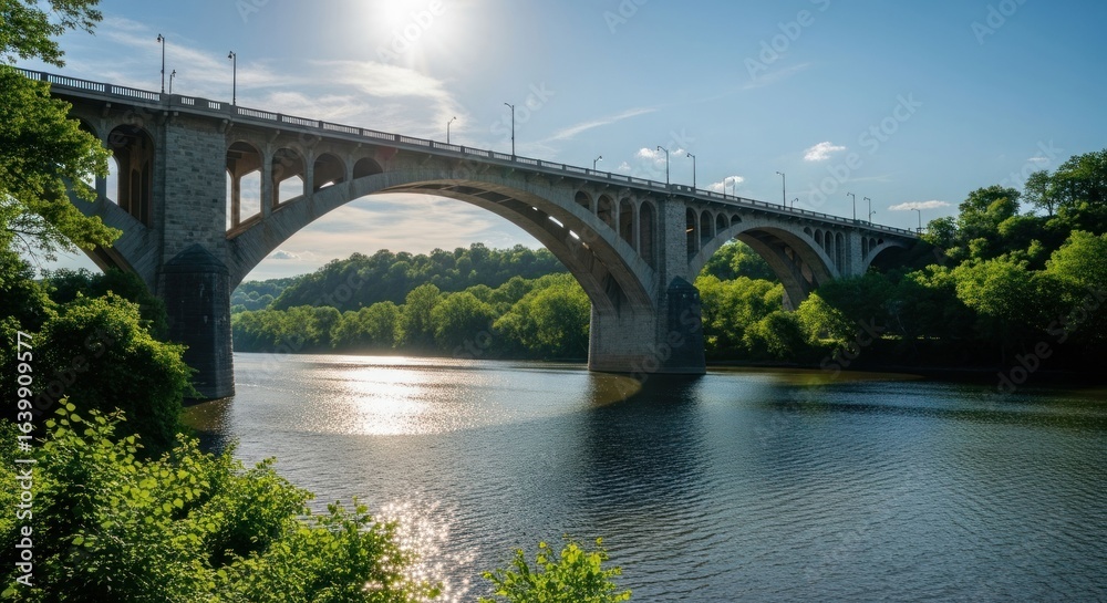 Fototapeta premium Arched bridge spans a wide river under a bright sun, lined by green trees