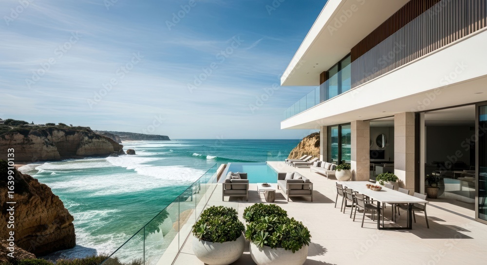 Obraz premium Coastal luxury home boasts ocean view, infinity pool, and modern architecture