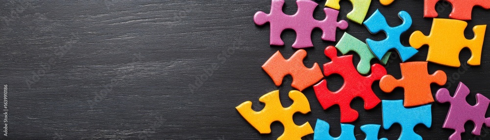 Colorful Jigsaw Puzzle Pieces on Dark Wood Background, Solution, Teamwork, Puzzle Jigsaw, Problem Solving Colorful Jigsaw Puzzle Pieces on Dark Wood Background, Solution, Teamwork, Puzzle Jigsaw, Problem Solving