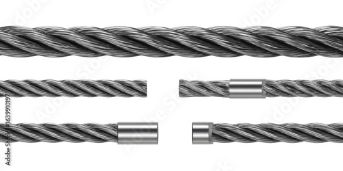 Multiple sections of a twisted metallic cable.  Different sections show variations in the cable's cross-section