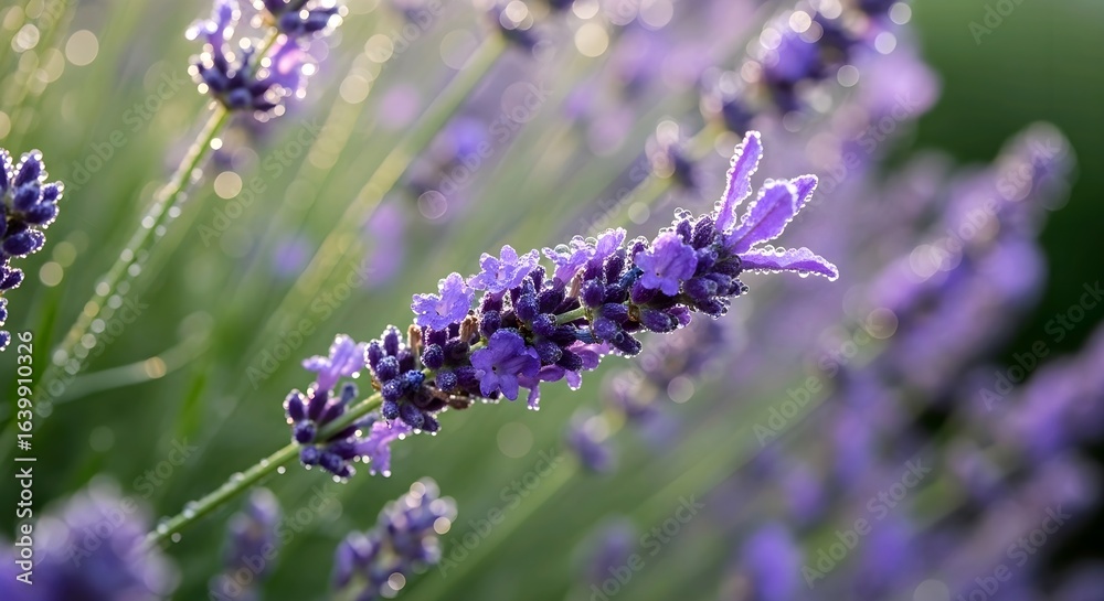 Obraz premium Vibrant purple lavender flowers in full bloom, with delicate petals and lush greenery, basking in warm sunlight, evoking serenity and natural beauty. AI Generated.