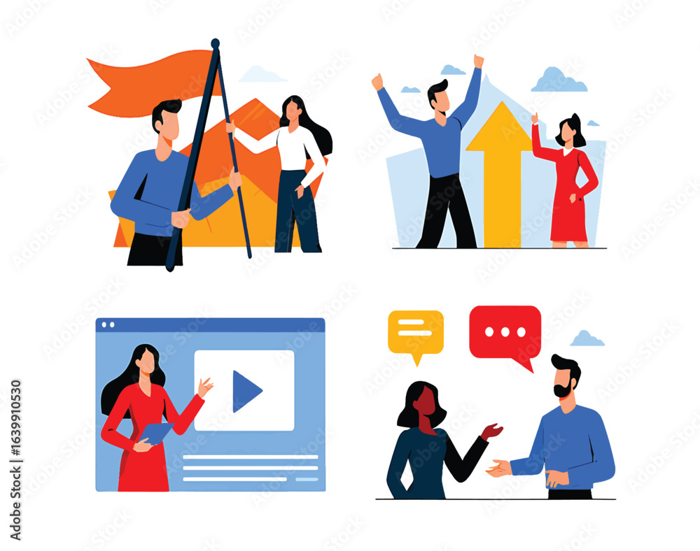 Naklejka premium Set of flat illustrations depicting business success, teamwork, and communication concepts