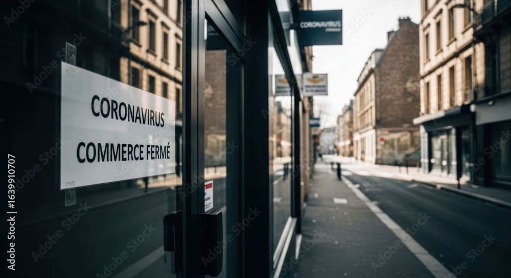 Fototapeta premium Closed shop on street; Coronavirus notice on window reflects buildings