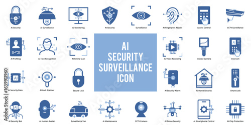 AI security and surveillance icons collection in flat style on white background