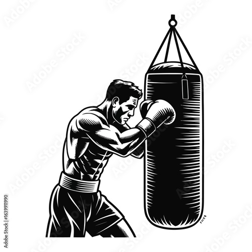  Boxer training with punching bag in vintage linocut style vector silhouette illustration isolated in black and white