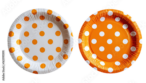 Two round paper plates, side-by-side, feature a polka dot pattern. One plate has a white background with orange dots, the other an orange background with white dots