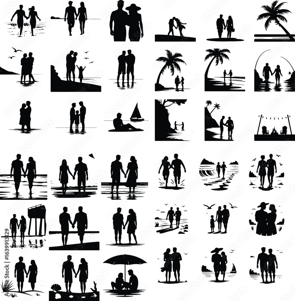 Naklejka premium Couple Holding Hands at Beach Silhouette – Romantic Ocean Icon Set Lovers Walking on Shore Silhouette – Beach Romance Icon