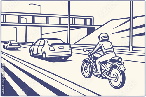 motorcyclist riding in the express lane of the illinois tollway, surrounded by cars and blurred motion