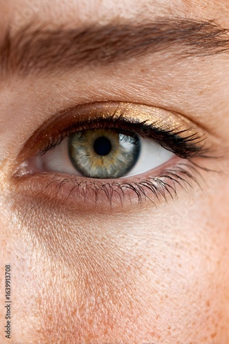 Extreme close-up of a womans beautiful green eye with sparkling gold eyeshadow and natural skin texture.
