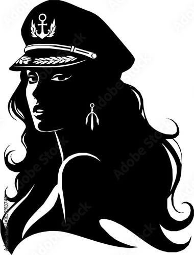 Sea Captain's Allure: A stylized illustration of a captivating woman in a captain's hat, exuding confidence and poise. The elegant design reflects a sense of adventure and maritime charm