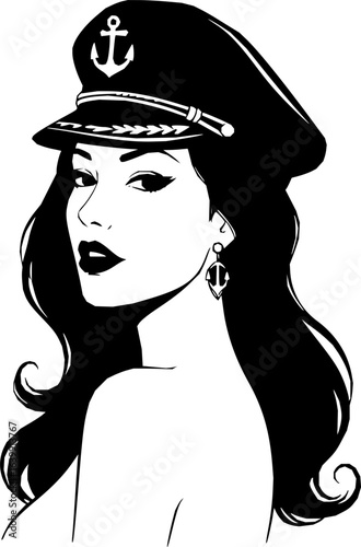 Sea Captain's Allure: A stylized illustration of a captivating woman in a captain's hat, exuding confidence and poise. The elegant design reflects a sense of adventure and maritime charm