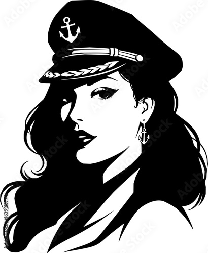 Sea Captain's Allure: A stylized illustration of a captivating woman in a captain's hat, exuding confidence and poise. The elegant design reflects a sense of adventure and maritime charm