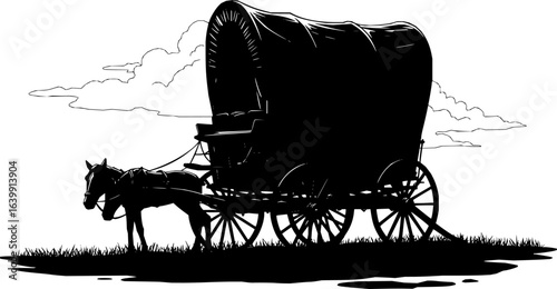 Pioneer Era Wagon: A detailed black and white illustration showcases a classic covered wagon from the pioneer era, ready to traverse vast landscapes under an expansive sky. 