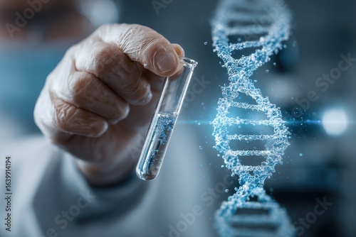 Genetics study Researcher with a test tube and DNA illustration in a lab focused view
