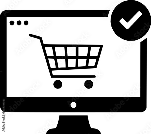 Online Shopping Success: A minimalist monochrome illustration of a computer screen displaying a shopping cart with a checkmark, capturing the essence of successful online shopping and transactions.