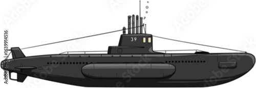 Naval Power: An intricately detailed illustration of a classic submarine glides beneath the waves, symbolizing underwater exploration and naval strength. Capturing the mystery of the depths.