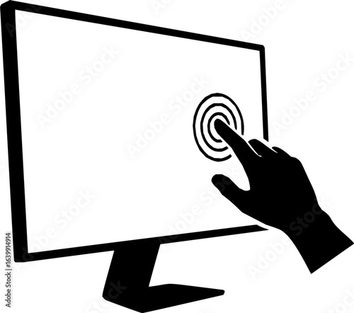 Digital Interaction: Depicting a hand touching a monitor, this monochrome illustration highlights user interaction with a digital interface, perfect for tech-related themes. 