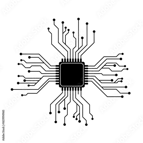 Closeup silhouette of a computer microchip with many pins
