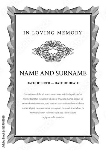 Funeral card. In loving memory of those who are forever in our hearts. Elegant design. Vector illustration.