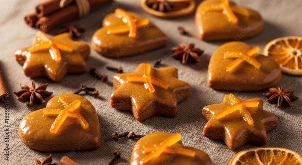 Fototapeta premium Gingerbread cookies with orange zest and spices on a neutral fabric