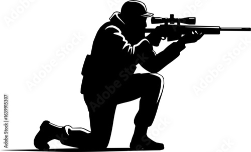 Sniper in action vector silhouette illustration isolated on white background 