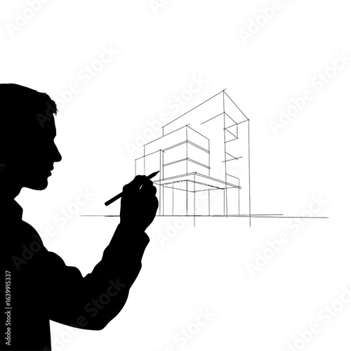 Architect drawing a modern house design isolated on white background