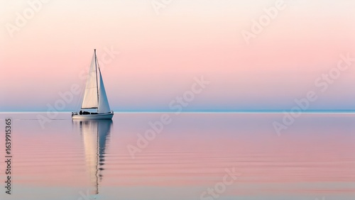 Sailboat on Tranquil Pink Sunset Sea Reflection