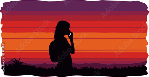 silhouette of a girl using a mobile phone vector art illustration isolated on white background 