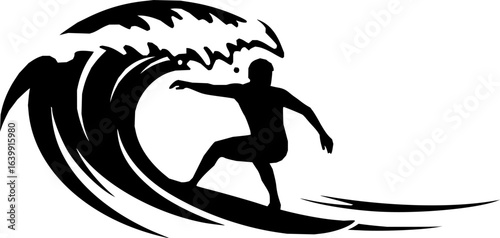black silhouette of a Surfer riding a wave vector illustration isolated on white background 