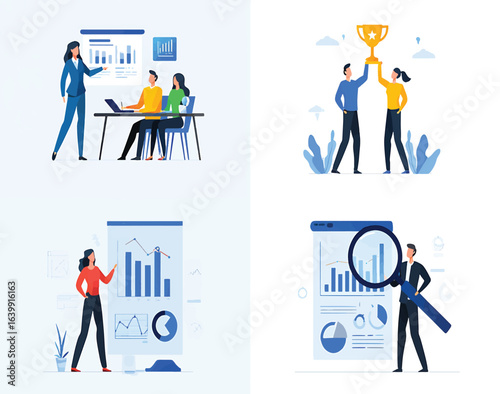 Set of vector illustrations for business concepts like data analysis and teamwork success.