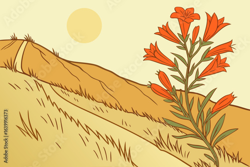 A burst of orange California fuchsia on a dry hillside trail beneath a hot midday sun.